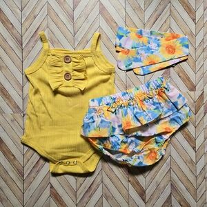 Sunflower Ruffle Baby Girls 3pc Outfit Bodysuit Bloomer Headband Set Size 12-18M